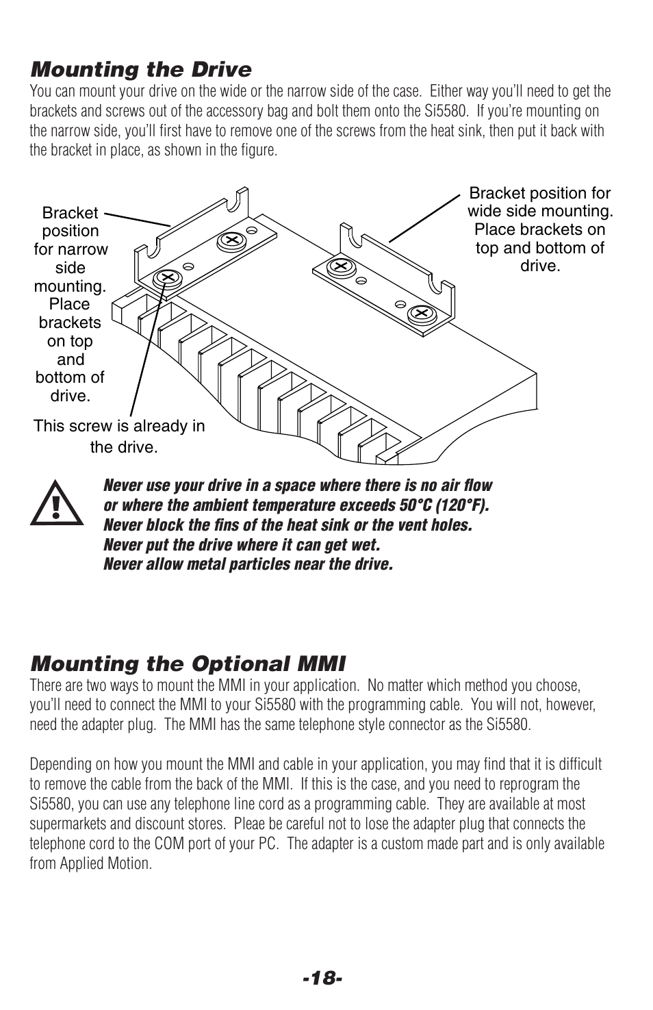 Mounting the drive, Mounting the optional mmi | Applied Motion Si5580 User Manual | Page 18 / 24