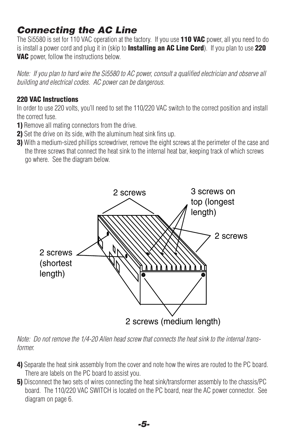 Connecting the ac line | Applied Motion Si5580 User Manual | Page 5 / 24