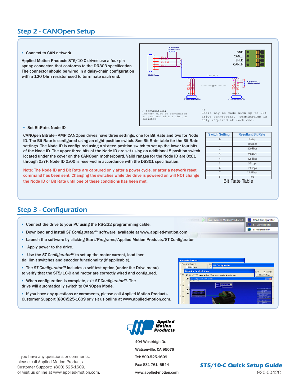 Step 2 - canopen setup, Step 3 - configuration, St5/10-c quick setup guide | 0042c, Bit rate table | Applied Motion ST10-C-CE User Manual | Page 2 / 2