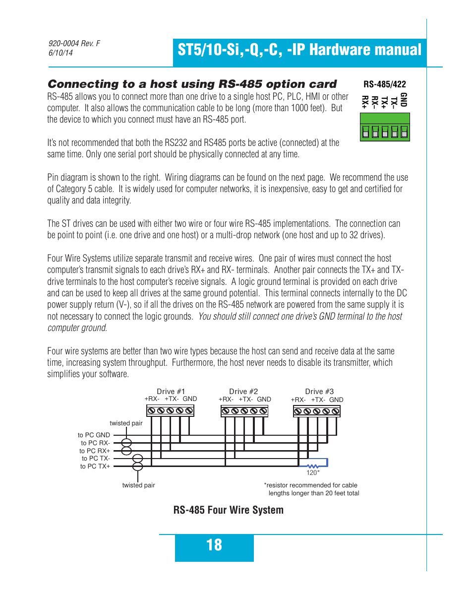 Connecting to a host using rs-485 option card, Rs-485 four wire system | Applied Motion ST10-C-CE User Manual | Page 18 / 52