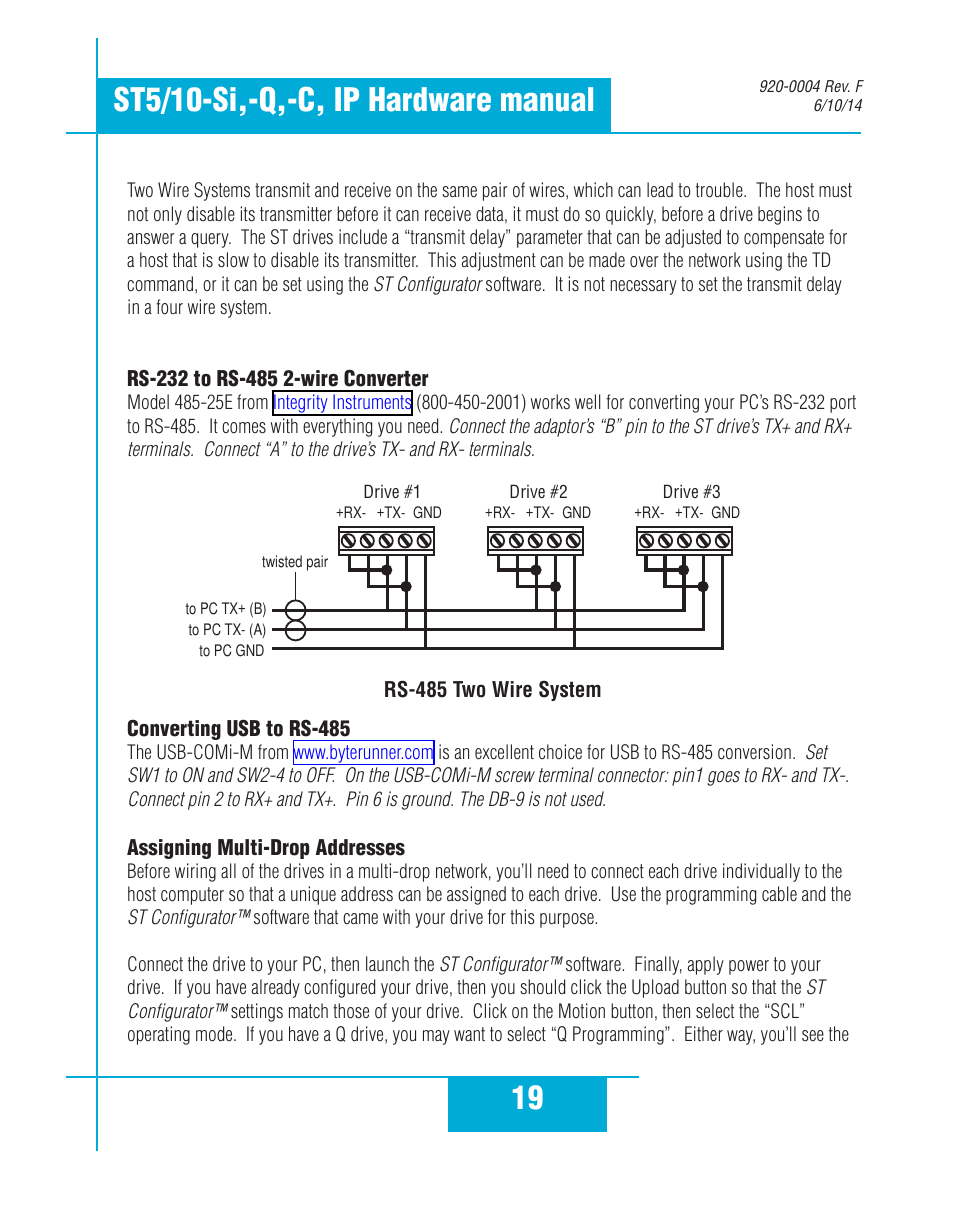 Rs-232 to rs-485 2-wire converter, Converting usb to rs-485 | Applied Motion ST10-C-CE User Manual | Page 19 / 52