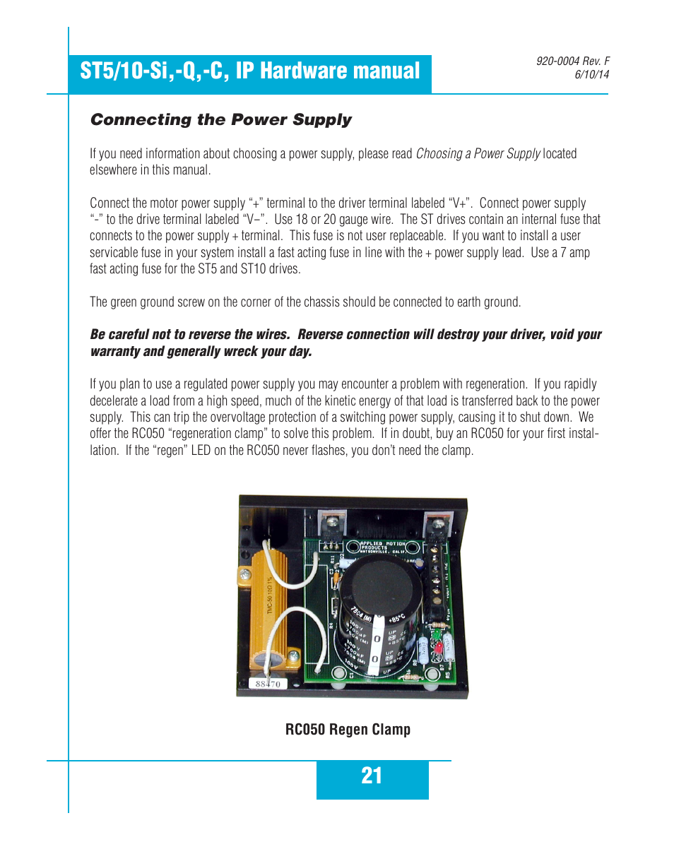 Connecting the power supply | Applied Motion ST10-C-CE User Manual | Page 21 / 52