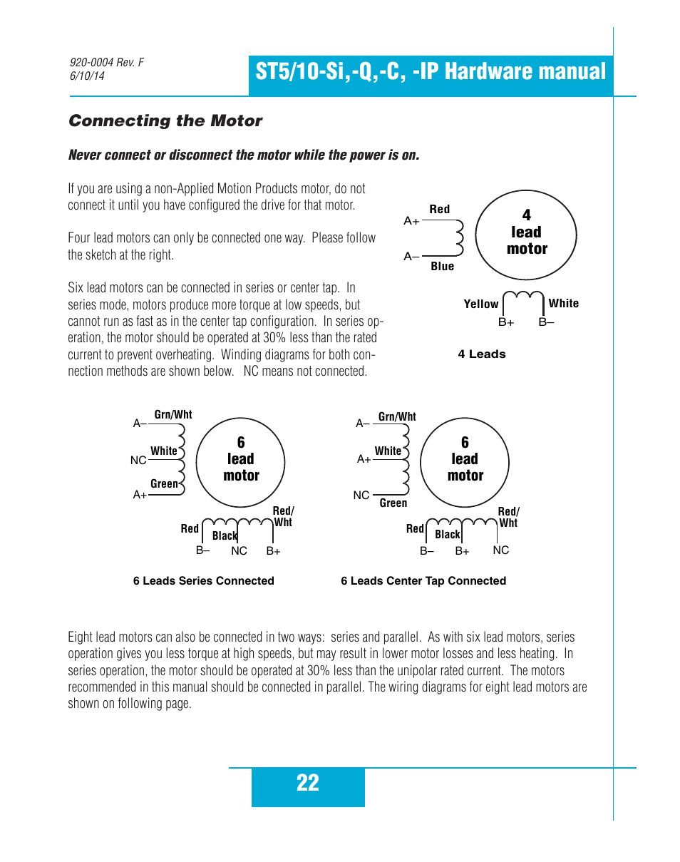 Connecting the motor, 4lead motor, 6lead motor | Applied Motion ST10-C-CE User Manual | Page 22 / 52
