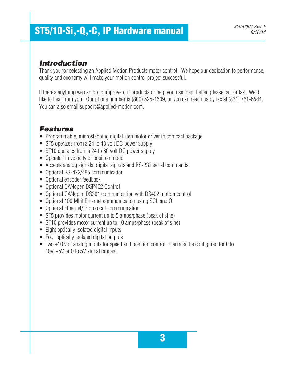 Introduction, Features, 3st5/10-si,-q,-c, ip hardware manual | Applied Motion ST10-C-CE User Manual | Page 3 / 52