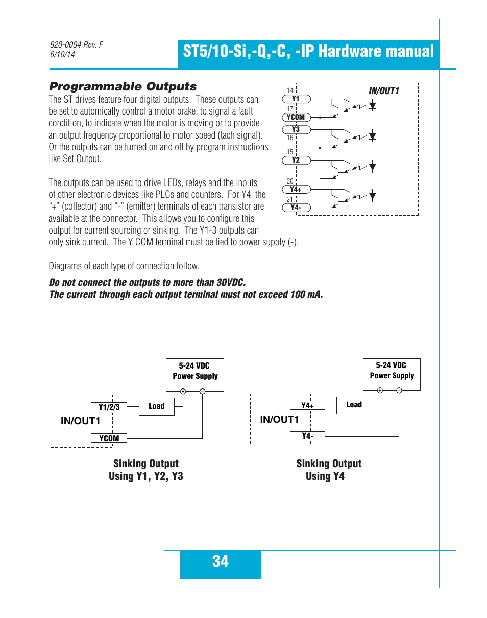 Programmable outputs, Sinking output, Using y1, y2, y3 | Sinking output using y4, Sinking output using y1, y2, y3 | Applied Motion ST10-C-CE User Manual | Page 34 / 52