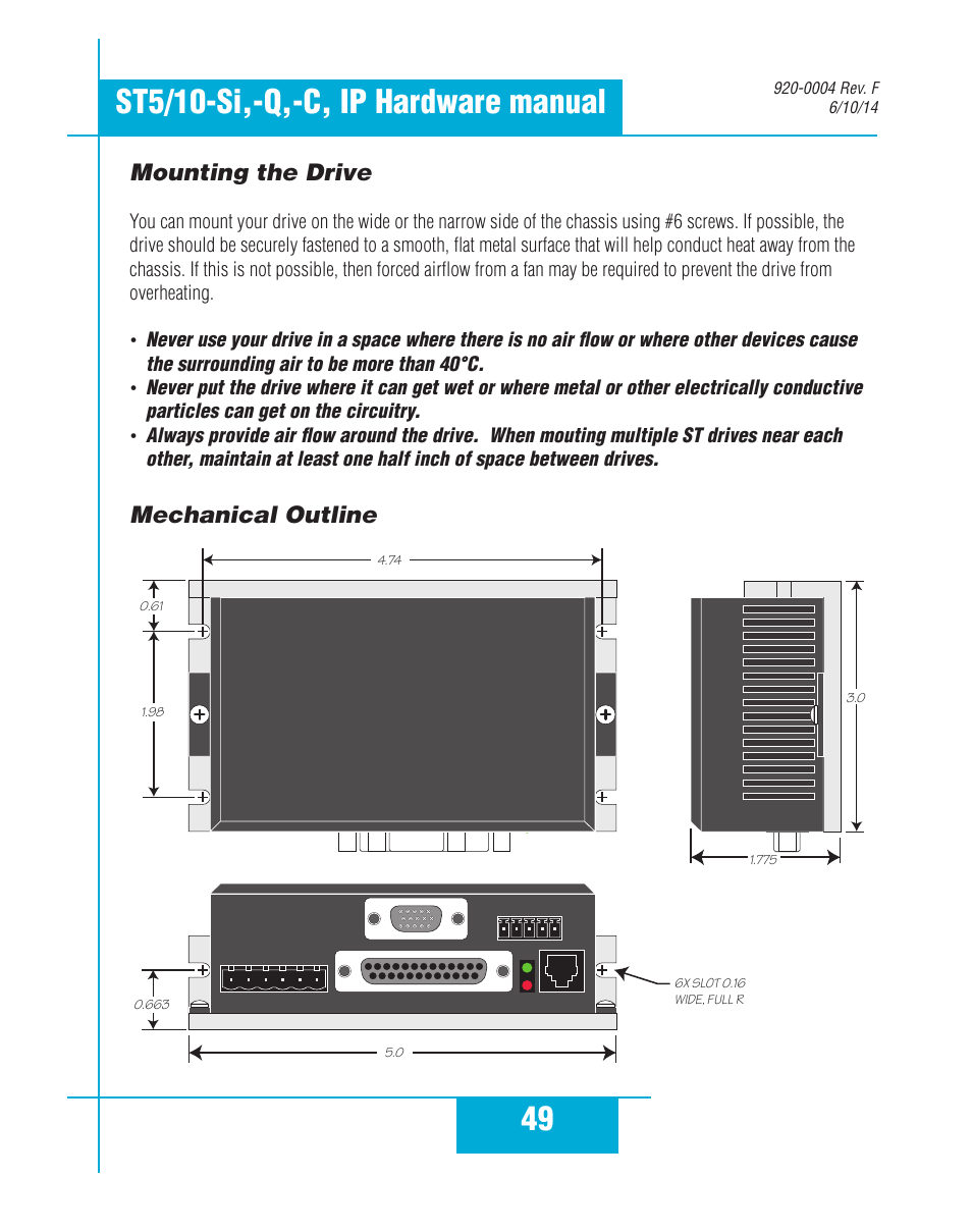 Mounting the drive, Mechanical outline, Mechanical outline mounting the drive | Applied Motion ST10-C-CE User Manual | Page 49 / 52