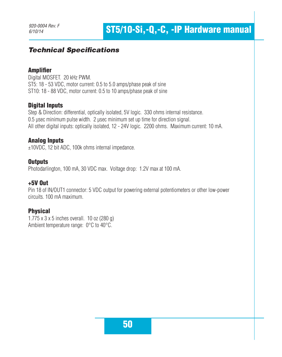Technical specifications | Applied Motion ST10-C-CE User Manual | Page 50 / 52