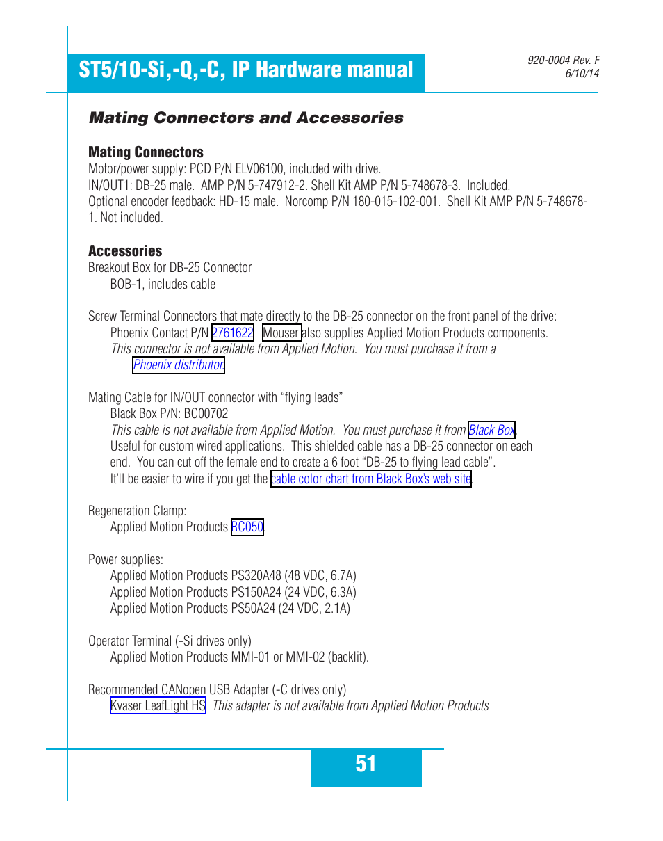 Mating connectors and accessories | Applied Motion ST10-C-CE User Manual | Page 51 / 52