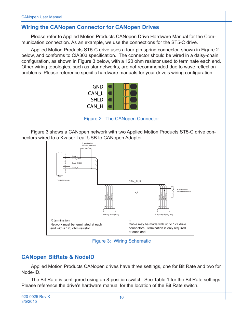 Figure 2, Figure 3, Wiring the canopen connector for canopen drives | Canopen bitrate & nodeid, Figure 2: figure 3, Gnd can_l shld can_h | Applied Motion ST10-C-CE User Manual | Page 10 / 101