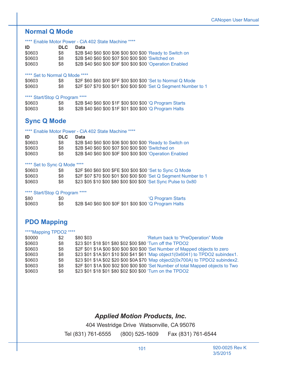 Normal q mode, Sync q mode, Pdo mapping | Normal q mode sync q mode pdo mapping, Applied motion products, inc | Applied Motion ST10-C-CE User Manual | Page 101 / 101