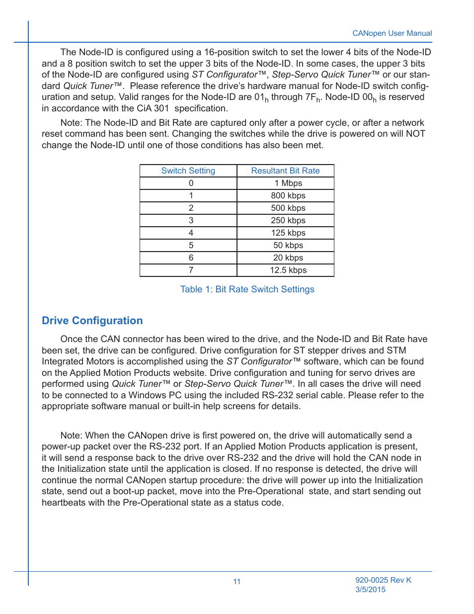 Table 1: bit rate switch settings, Drive configuration | Applied Motion ST10-C-CE User Manual | Page 11 / 101
