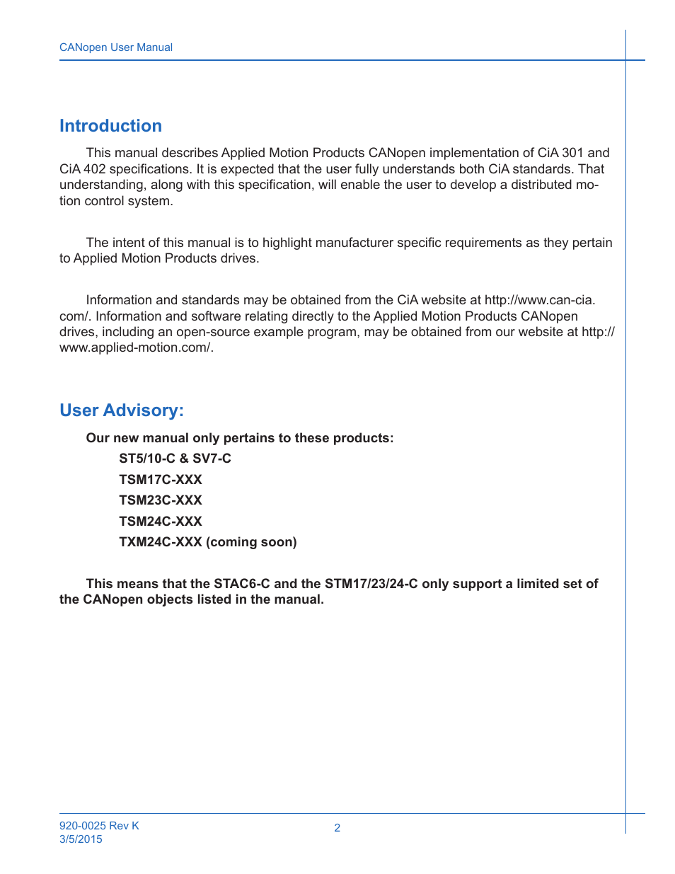 Introduction, User advisory | Applied Motion ST10-C-CE User Manual | Page 2 / 101