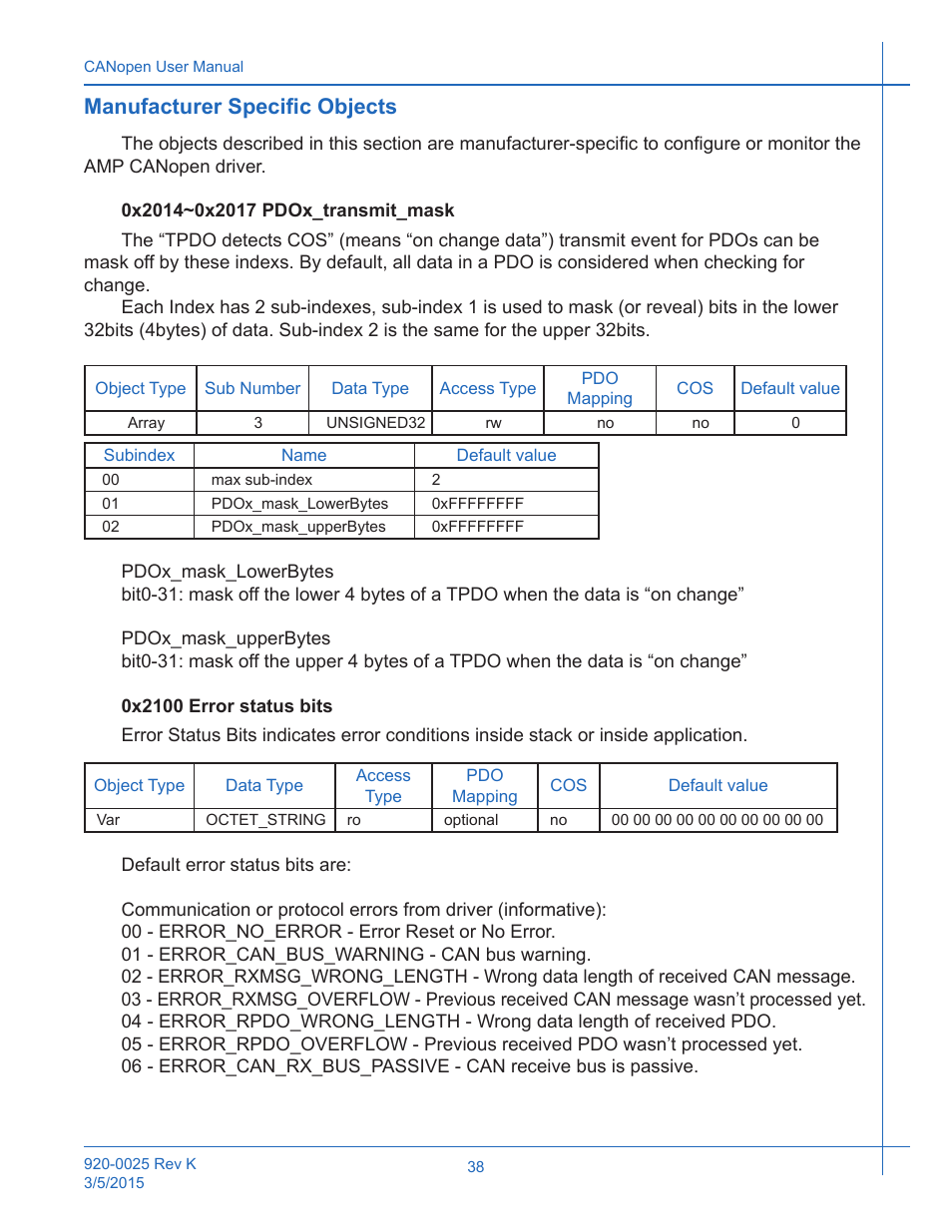 Manufacturer specific objects | Applied Motion ST10-C-CE User Manual | Page 38 / 101