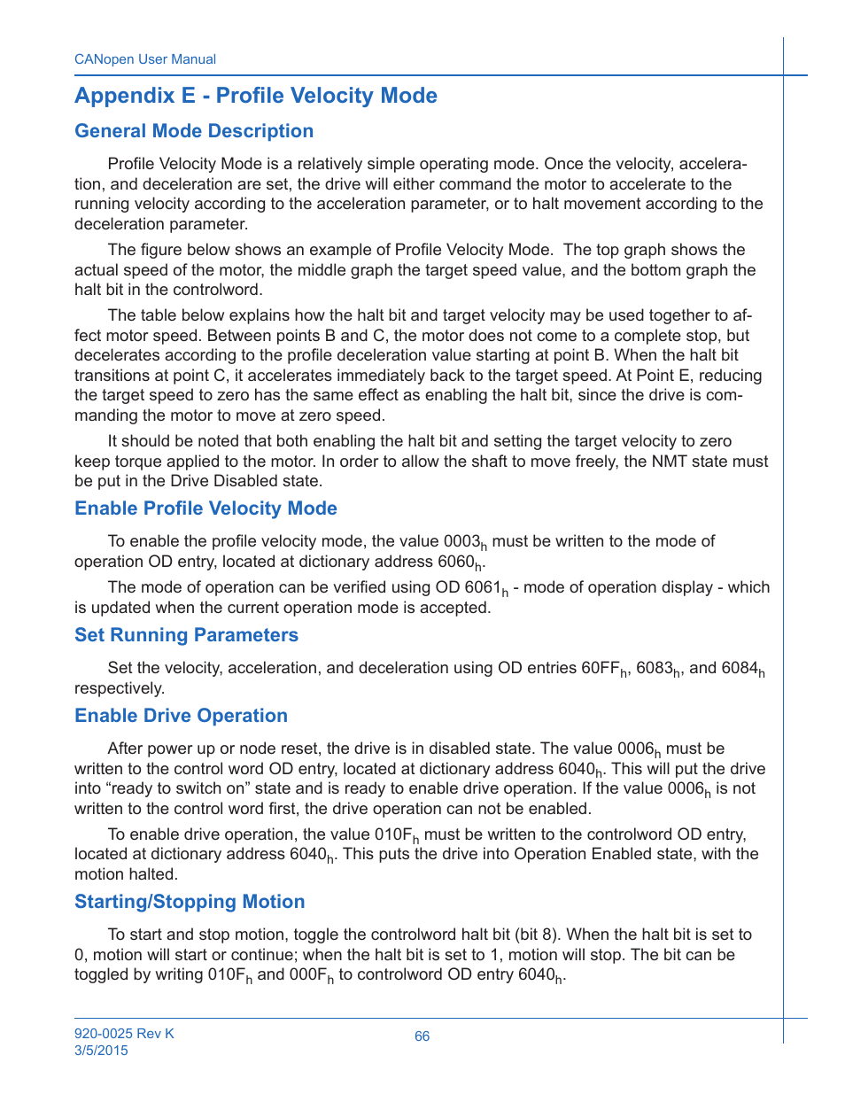 Appendix e - profile velocity mode, General mode description, Enable profile velocity mode | Set running parameters, Enable drive operation, Starting/stopping motion | Applied Motion ST10-C-CE User Manual | Page 66 / 101
