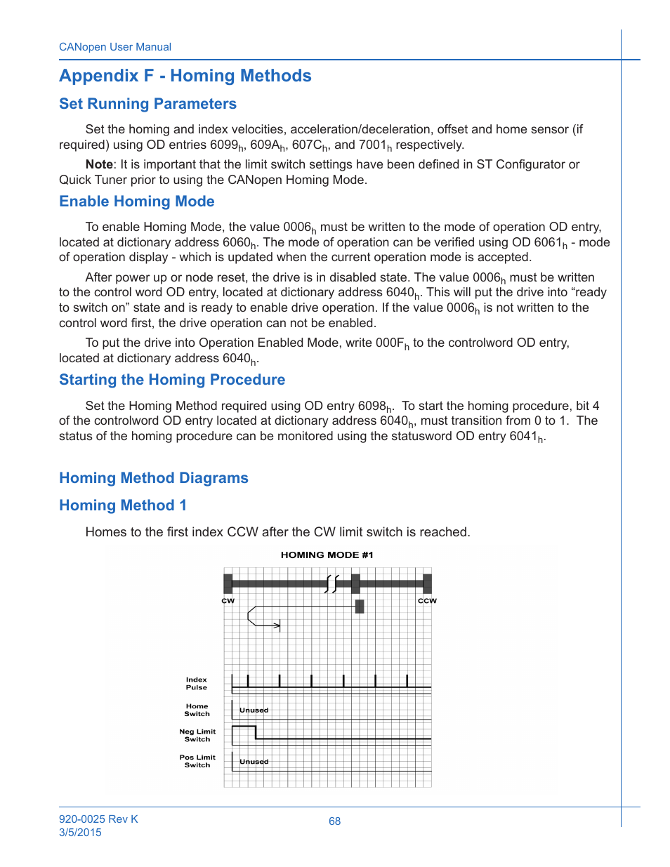 Appendix f - homing methods, Set running parameters, Enable homing mode | Starting the homing procedure, Homing method diagrams, Homing method 1, Homing method diagrams homing method 1 | Applied Motion ST10-C-CE User Manual | Page 68 / 101