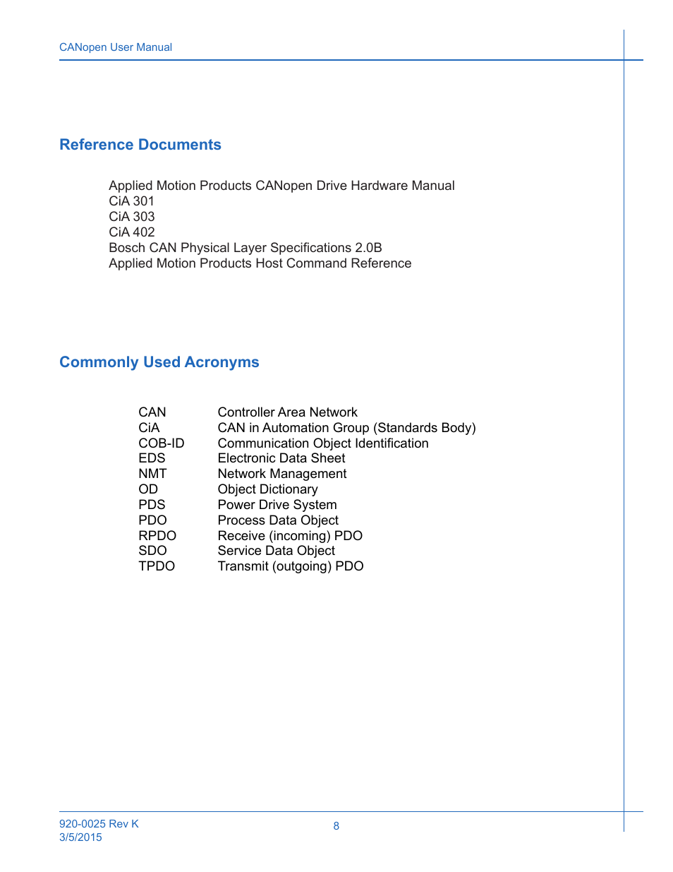 Reference documents, Commonly used acronyms, Reference documents commonly used acronyms | Applied Motion ST10-C-CE User Manual | Page 8 / 101