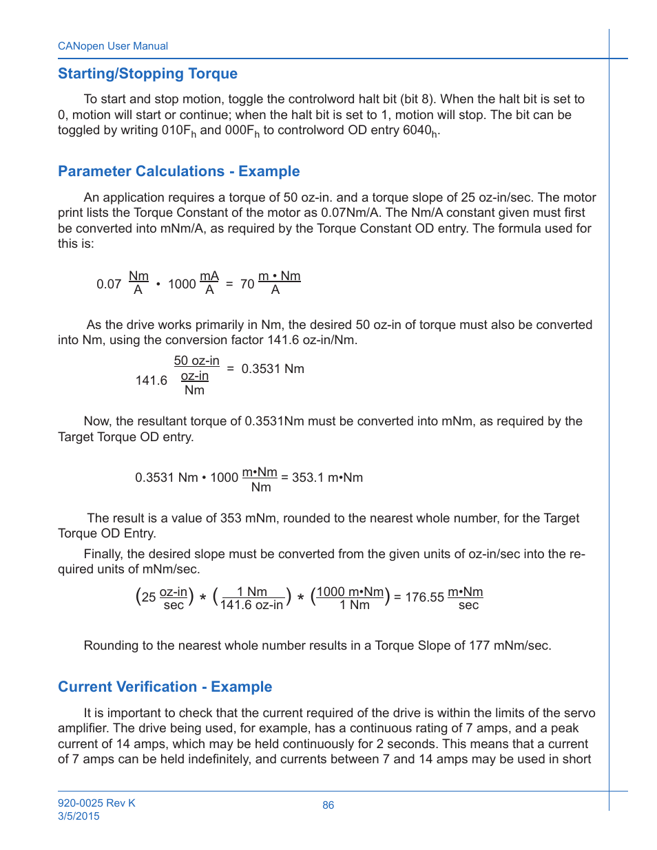 Starting/stopping torque, Parameter calculations - example, Current verification - example | Applied Motion ST10-C-CE User Manual | Page 86 / 101