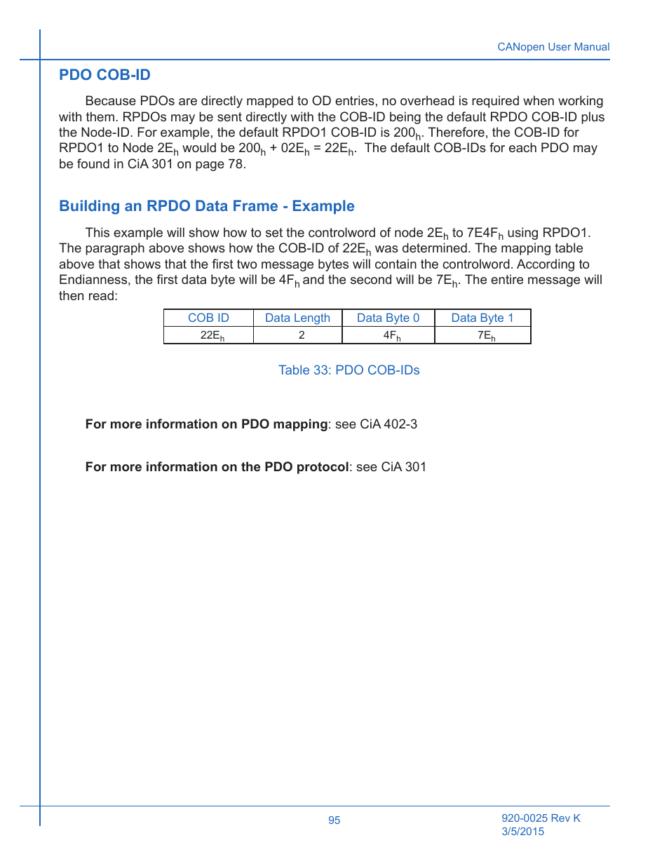 Table 33: pdo cob-ids, Pdo cob-id, Building an rpdo data frame - example | Pdo cob-id building an rpdo data frame - example | Applied Motion ST10-C-CE User Manual | Page 95 / 101