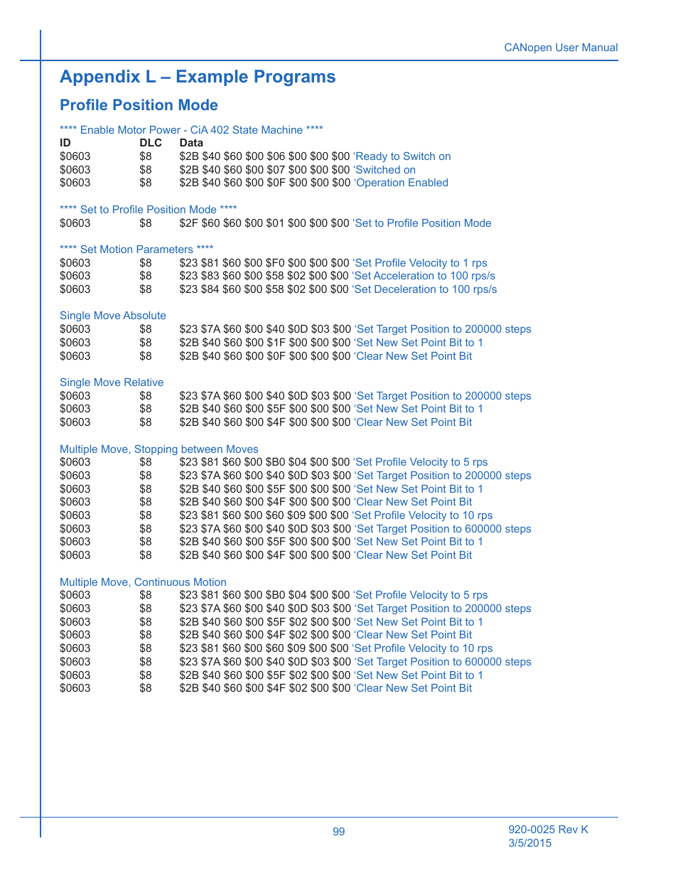 Appendix l – example programs, Profile position mode | Applied Motion ST10-C-CE User Manual | Page 99 / 101
