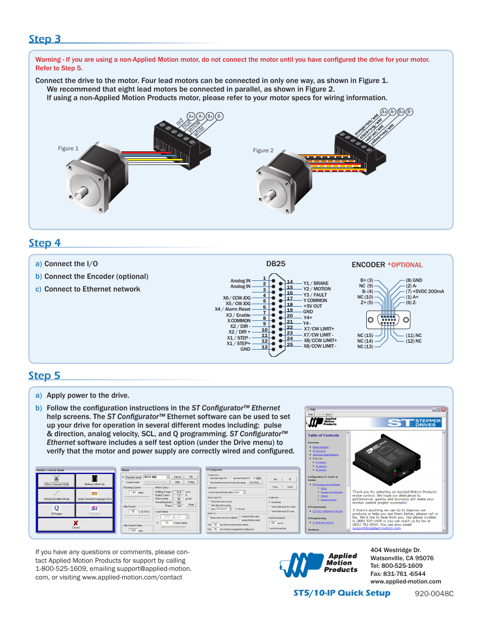 Step 3, Step 5, Step 4 | St5/10-ip quick setup, 0048c, Encoder, Db25, Optional | Applied Motion ST10-IP-EE User Manual | Page 2 / 2