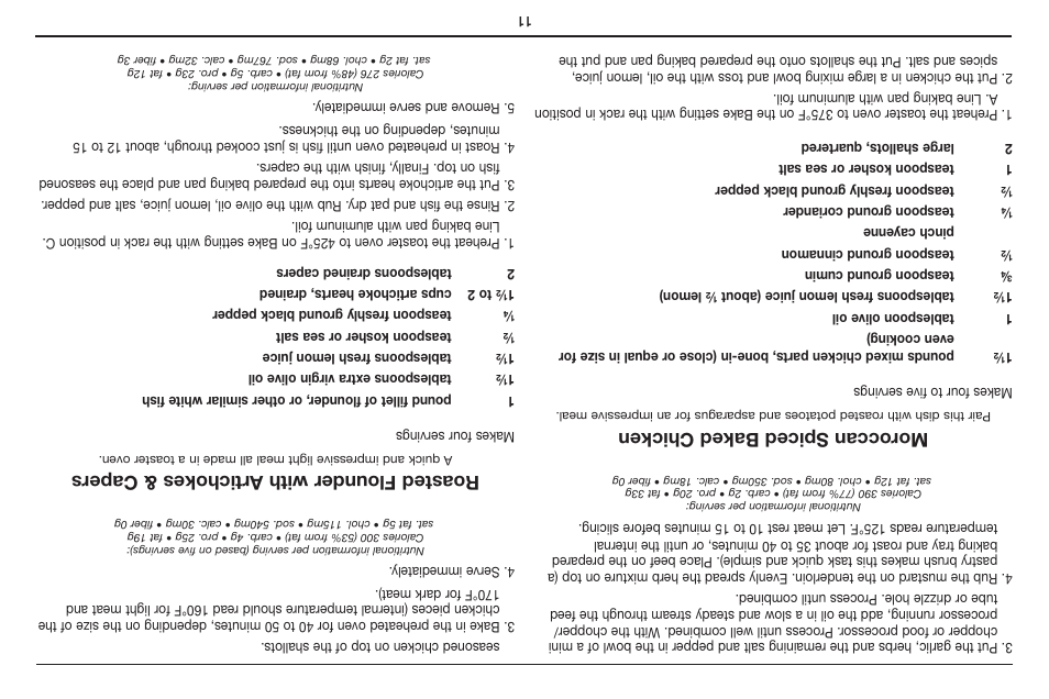 Moroccan spiced baked chicken, Roasted f lounder with artichokes & capers | Cuisinart CUSTOM CLASSIC TOB-40 User Manual | Page 14 / 25