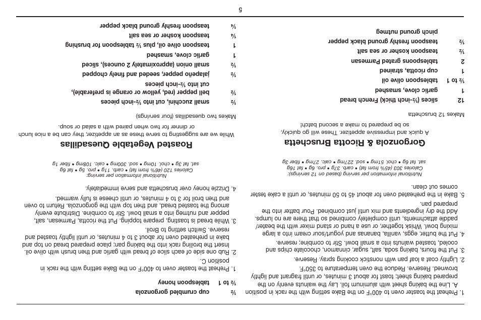 Gorgonzola & ricotta bruschetta, Roasted v egetable quesadillas | Cuisinart CUSTOM CLASSIC TOB-40 User Manual | Page 20 / 25