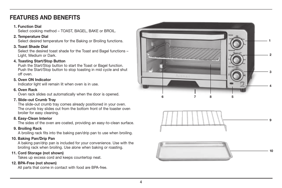 Features and benefits | Cuisinart CUSTOM CLASSIC TOB-40 User Manual | Page 5 / 25