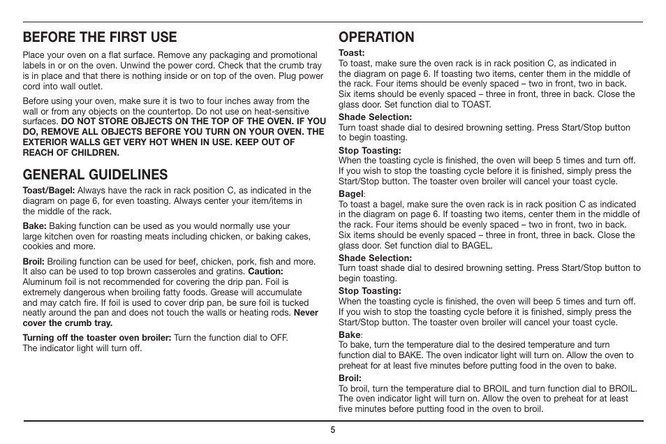 Before the first use, General guidelines, Operation | Cuisinart CUSTOM CLASSIC TOB-40 User Manual | Page 6 / 25