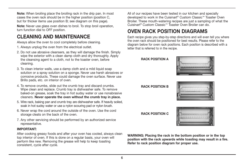 Cleaning and maintenance, Oven rack position diagrams | Cuisinart CUSTOM CLASSIC TOB-40 User Manual | Page 7 / 25
