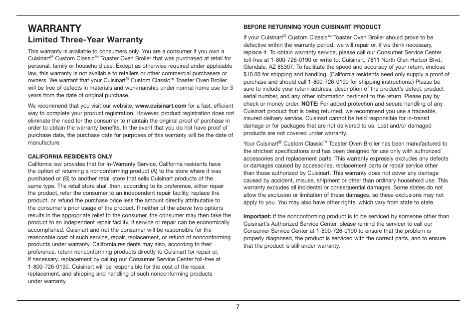 Warranty, Limited three-year warranty | Cuisinart CUSTOM CLASSIC TOB-40 User Manual | Page 8 / 25