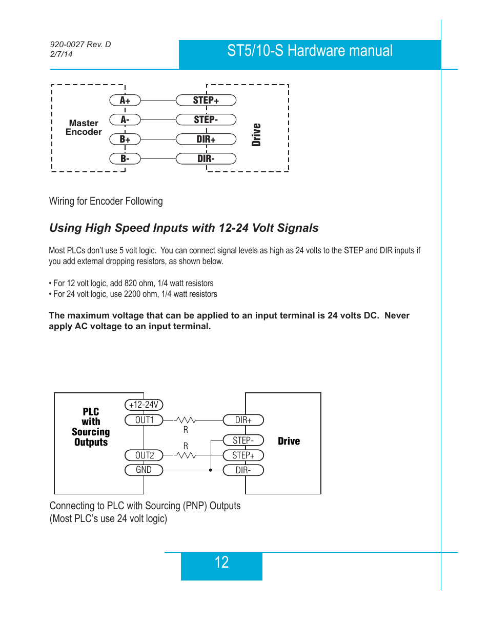 Using high speed inputs with 12-24 volt signals | Applied Motion ST10-Plus User Manual | Page 12 / 36