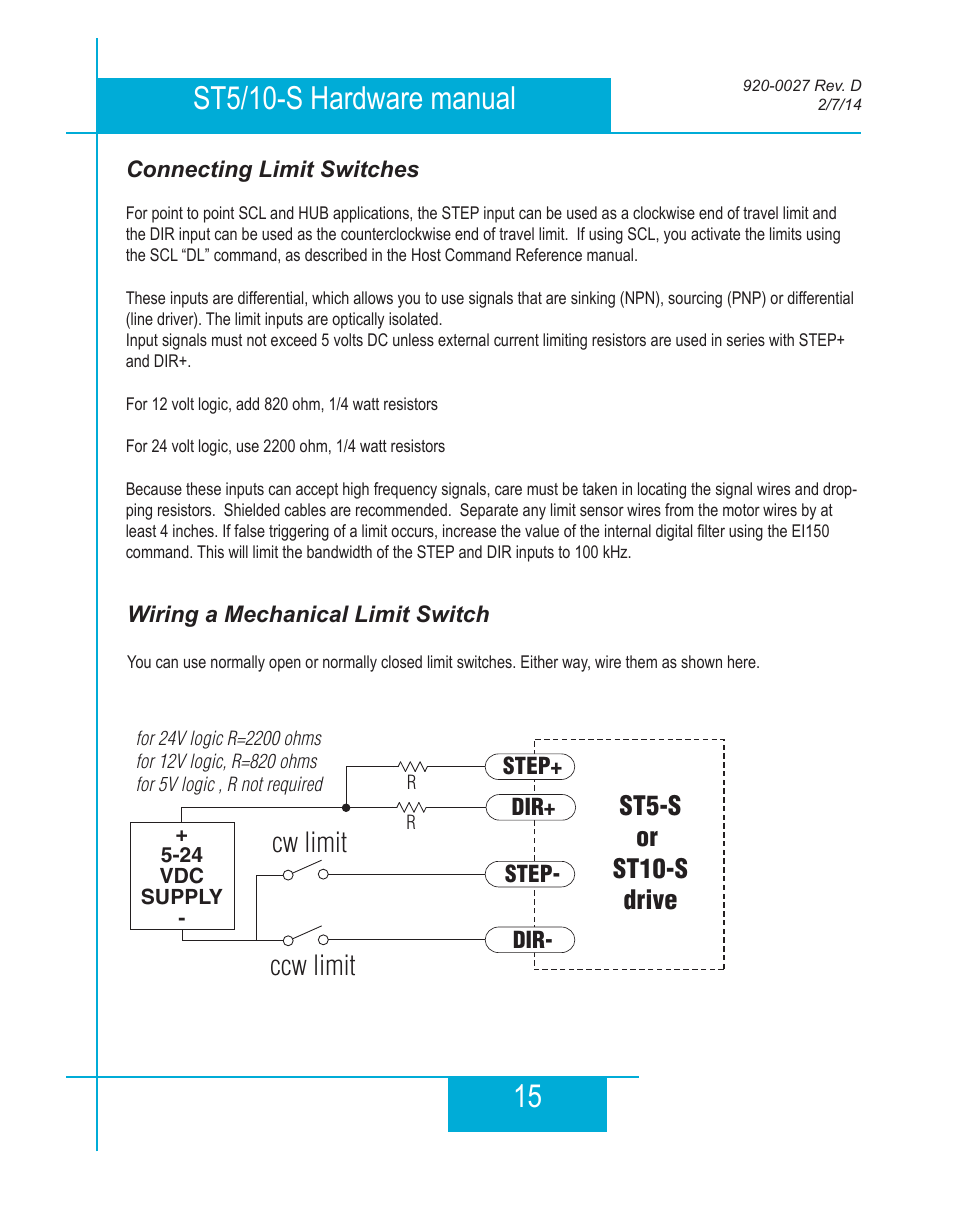 Connecting limit switches, Wiring a mechanical limit switch, Cw limit ccw limit | St5-s or st10-s drive | Applied Motion ST10-Plus User Manual | Page 15 / 36