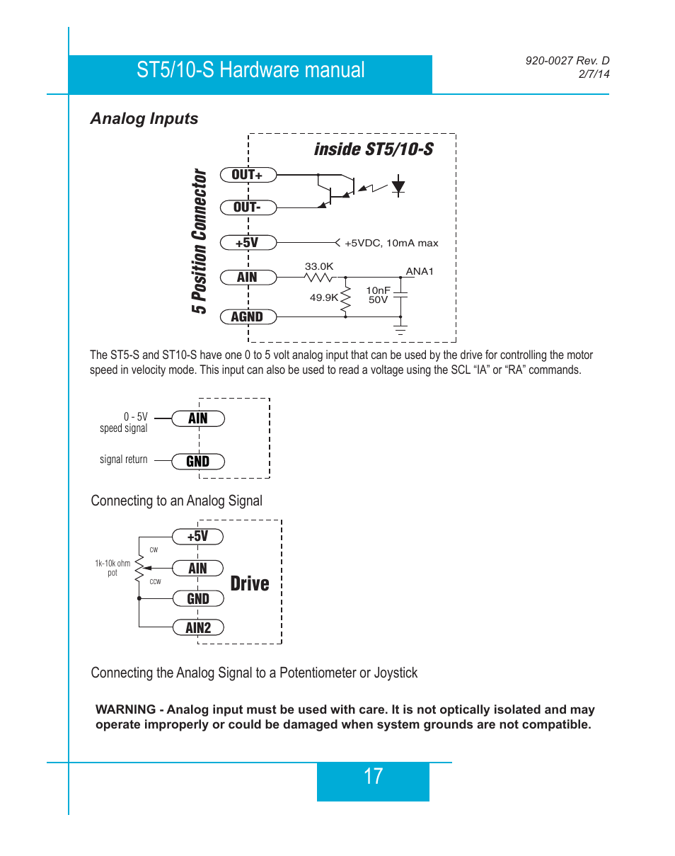Analog inputs, Drive, 5 position connector | Inside st5/10-s | Applied Motion ST10-Plus User Manual | Page 17 / 36