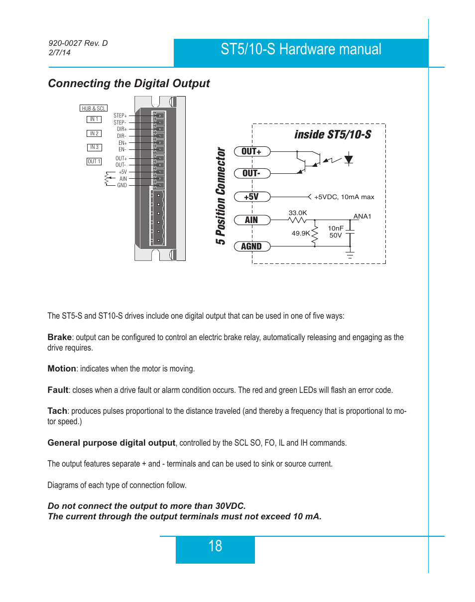 Connecting the digital output, 5 position connector, Inside st5/10-s | Applied Motion ST10-Plus User Manual | Page 18 / 36
