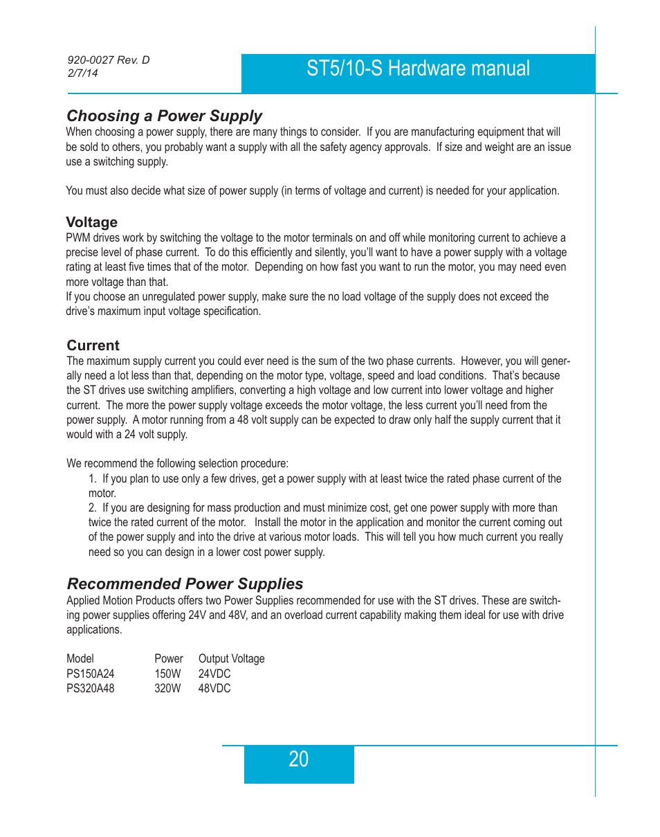 Choosing a power supply, Recommended power supplies | Applied Motion ST10-Plus User Manual | Page 20 / 36