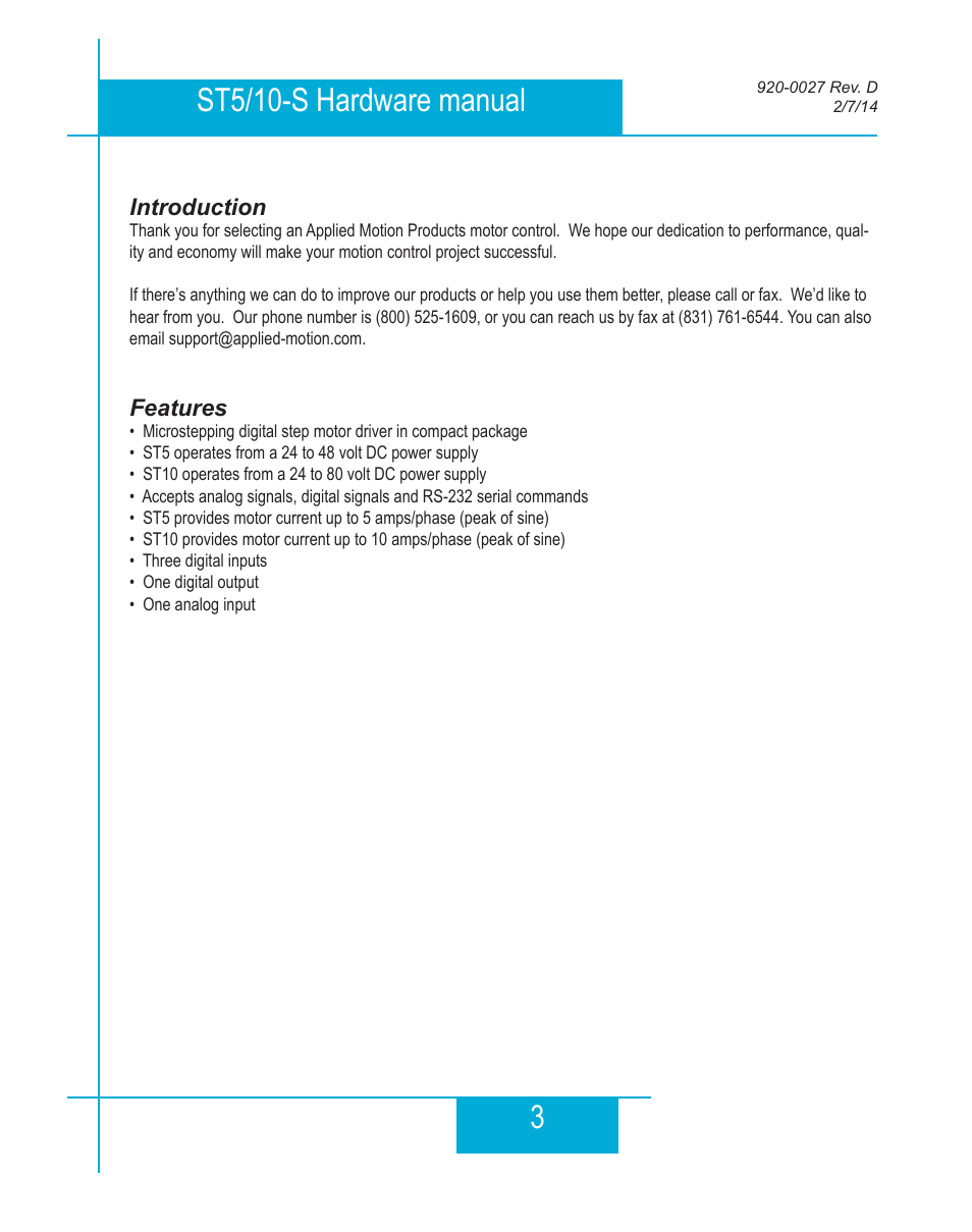 Introduction, Features, 3st5/10-s hardware manual | Applied Motion ST10-Plus User Manual | Page 3 / 36
