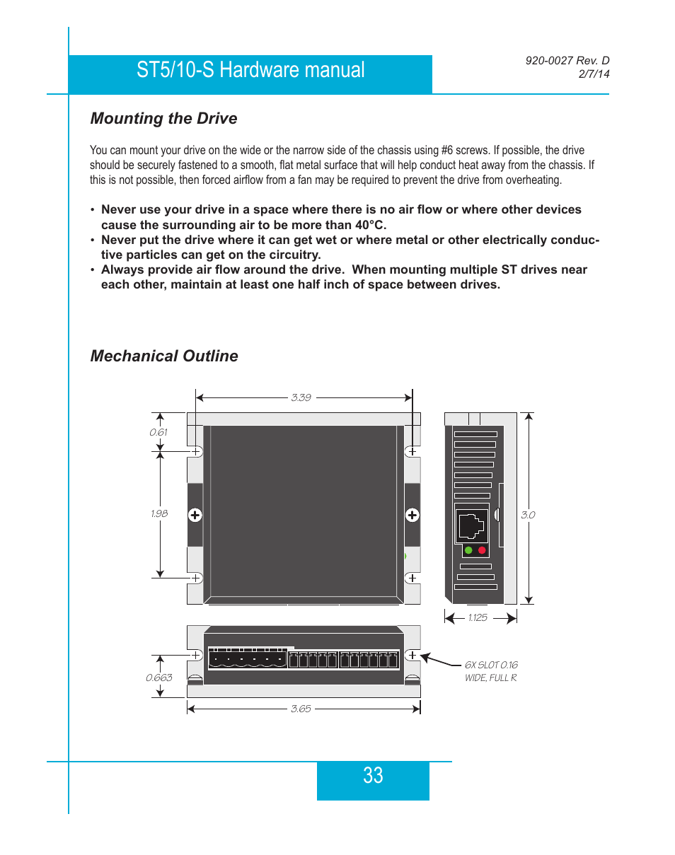 Mounting the drive, Mechanical outline, Mechanical outline mounting the drive | Applied Motion ST10-Plus User Manual | Page 33 / 36