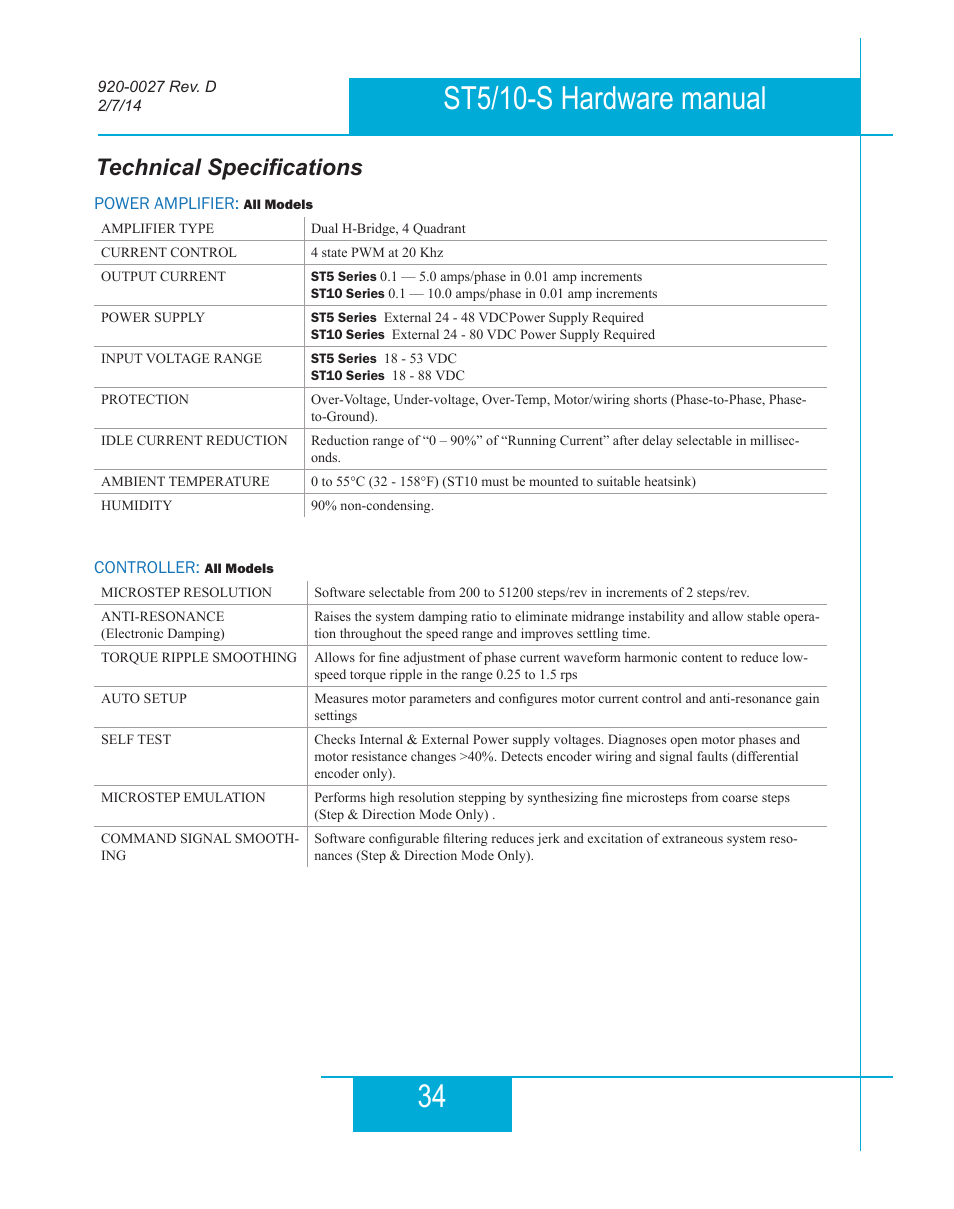 Technical specifications | Applied Motion ST10-Plus User Manual | Page 34 / 36