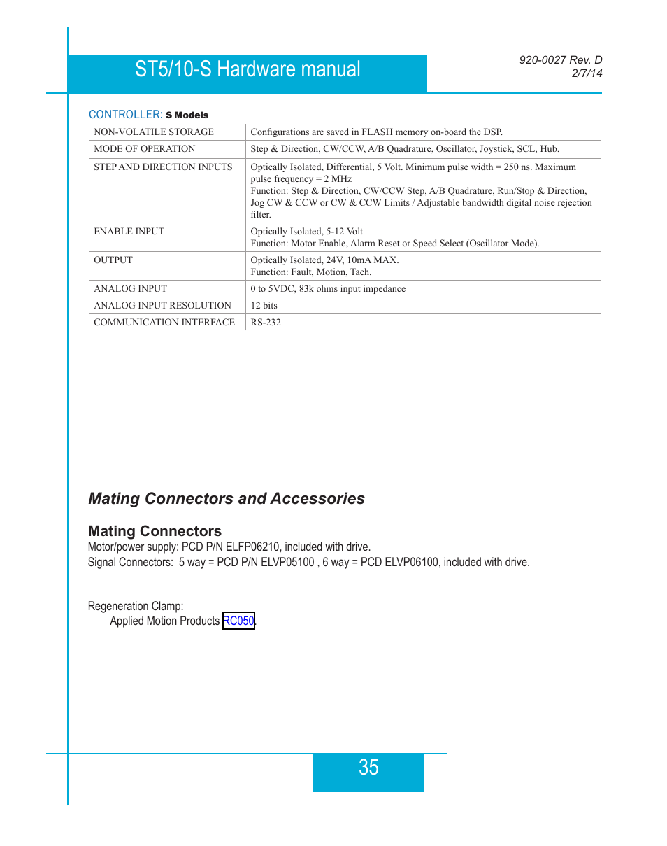 Mating connectors and accessories, Mating connectors | Applied Motion ST10-Plus User Manual | Page 35 / 36