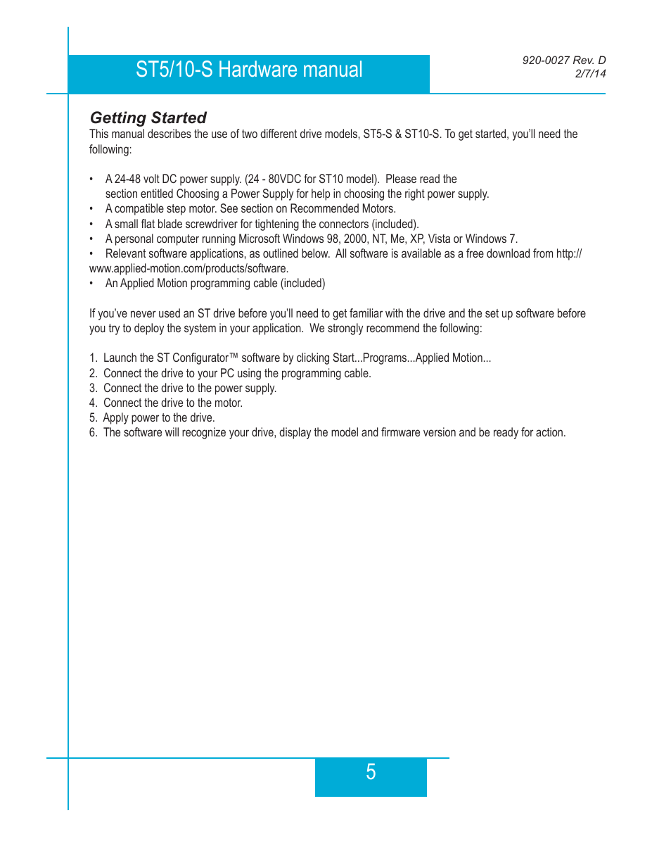 Getting started, 5st5/10-s hardware manual | Applied Motion ST10-Plus User Manual | Page 5 / 36