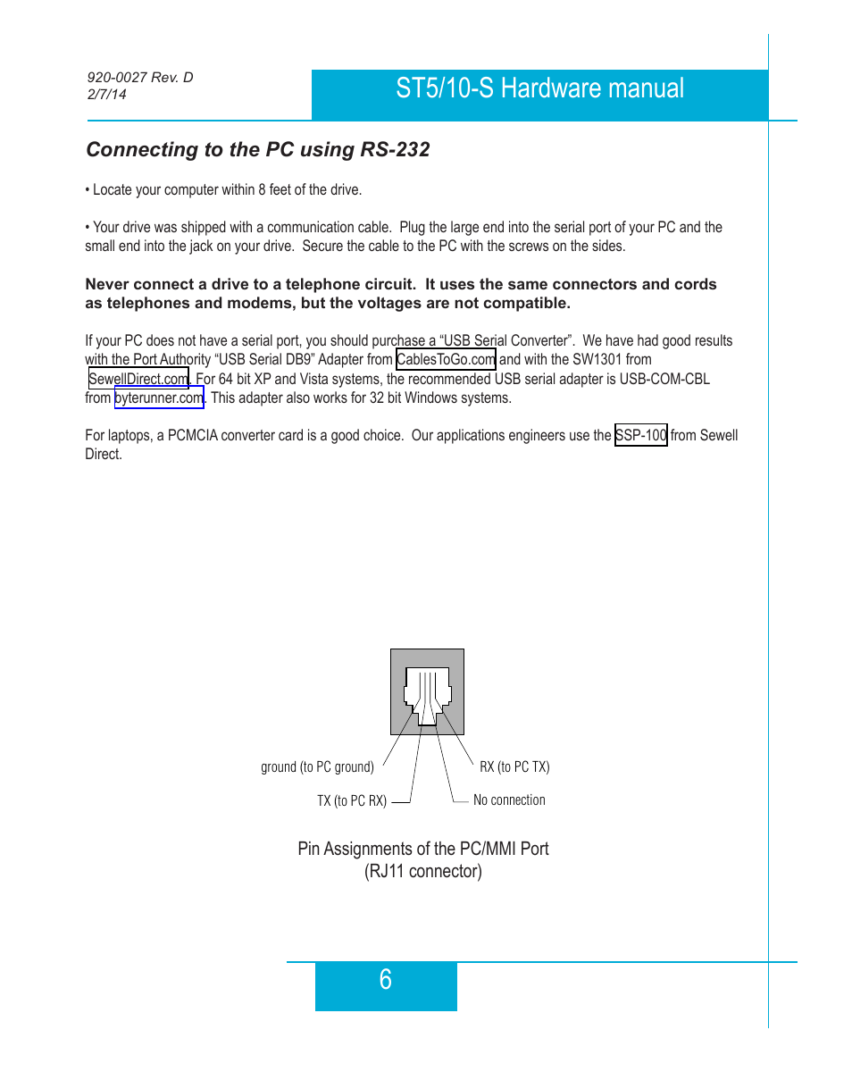 Connecting to the pc using rs-232, 6st5/10-s hardware manual | Applied Motion ST10-Plus User Manual | Page 6 / 36