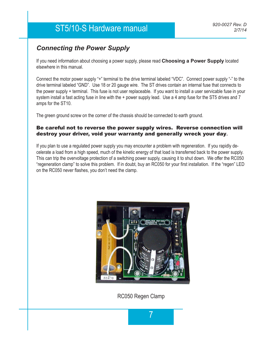 Connecting the power supply, 7st5/10-s hardware manual | Applied Motion ST10-Plus User Manual | Page 7 / 36
