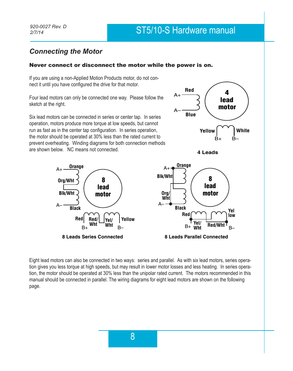 Connecting the motor, 8st5/10-s hardware manual, 4lead motor | 8lead motor | Applied Motion ST10-Plus User Manual | Page 8 / 36