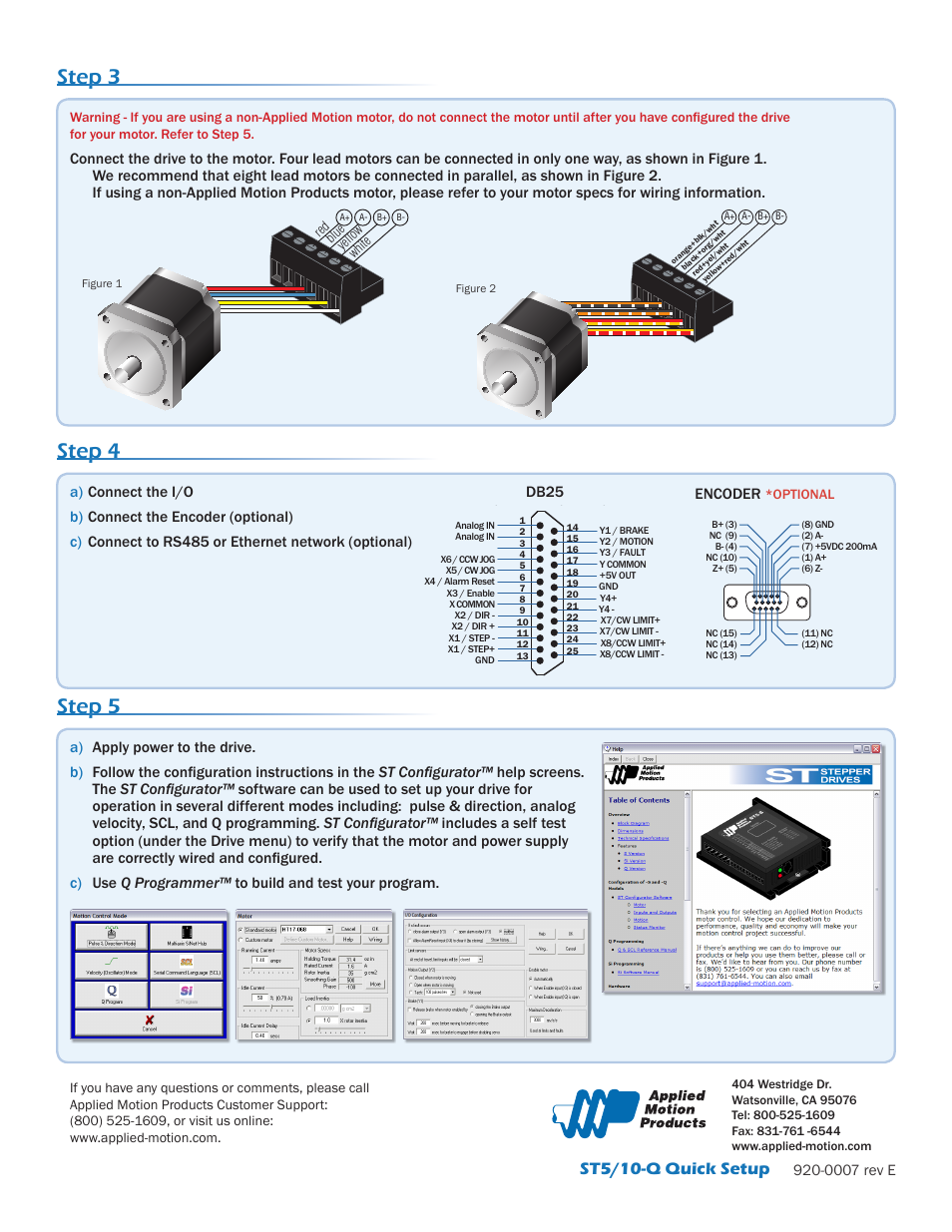 Step 3, Step 5, Step 4 | St5/10-q quick setup, 0007 rev e, Encoder, Db25, Optional | Applied Motion ST10-Q-EE User Manual | Page 2 / 2