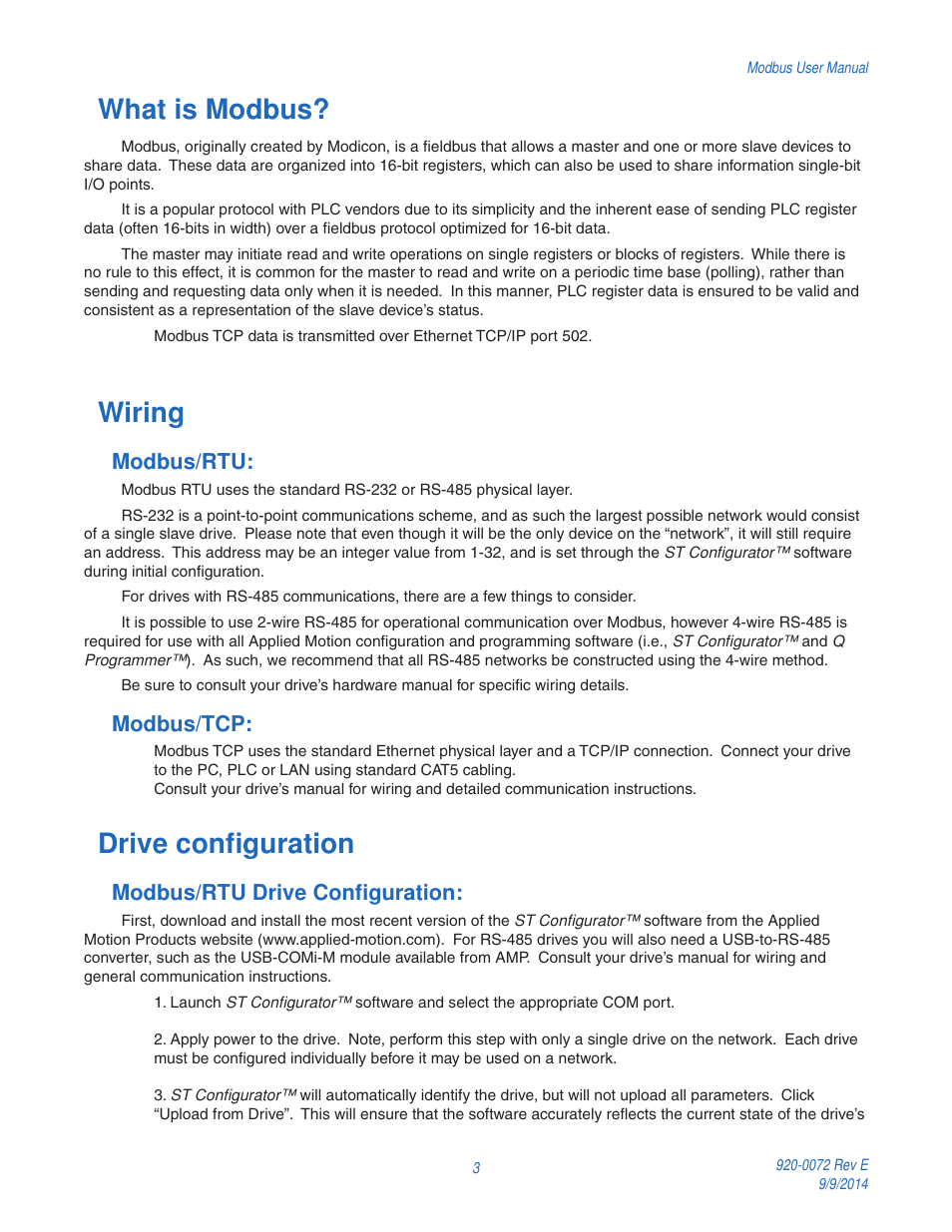 What is modbus, Wiring, Drive configuration | Modbus/rtu, Modbus/tcp, Modbus/rtu drive configuration | Applied Motion ST10-Q-NE User Manual | Page 3 / 11