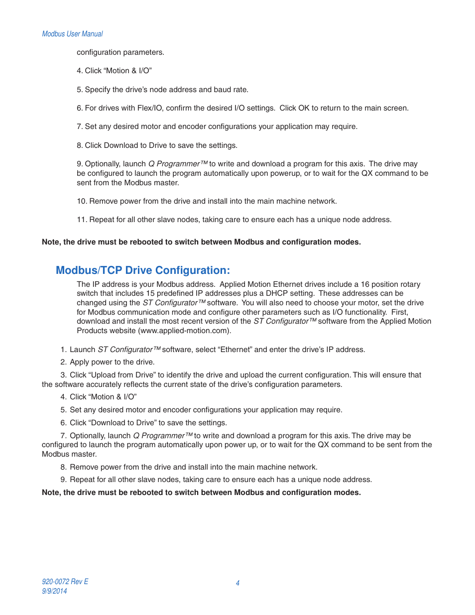 Modbus/tcp drive configuration | Applied Motion ST10-Q-NE User Manual | Page 4 / 11