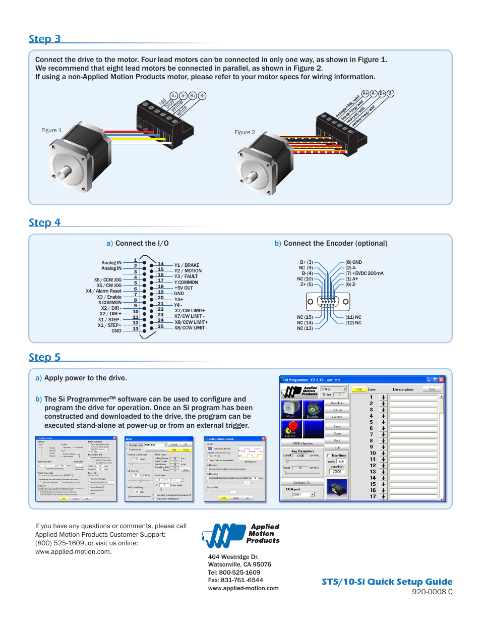 Step 3, Step 5, Step 4 | St5/10-si quick setup guide, B) connect the encoder (optional) | Applied Motion ST10-Si-NE User Manual | Page 2 / 2