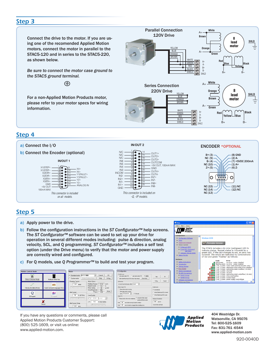 Step 3, Step 5, Step 4 | Encoder, Optional | Applied Motion STAC5-IP-E120 User Manual | Page 2 / 2