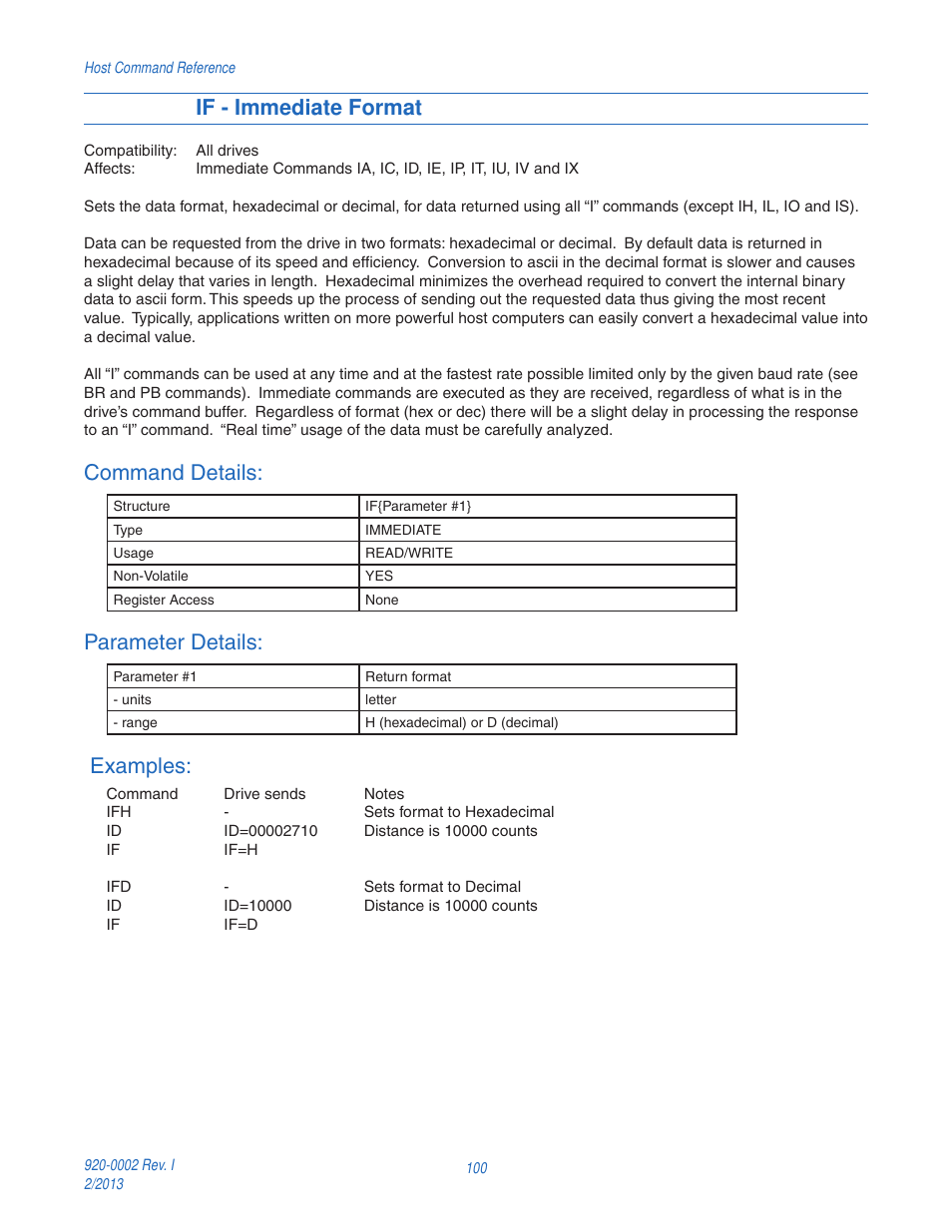 If - immediate format, Command details, Parameter details | Examples | Applied Motion RS-232 User Manual | Page 100 / 320
