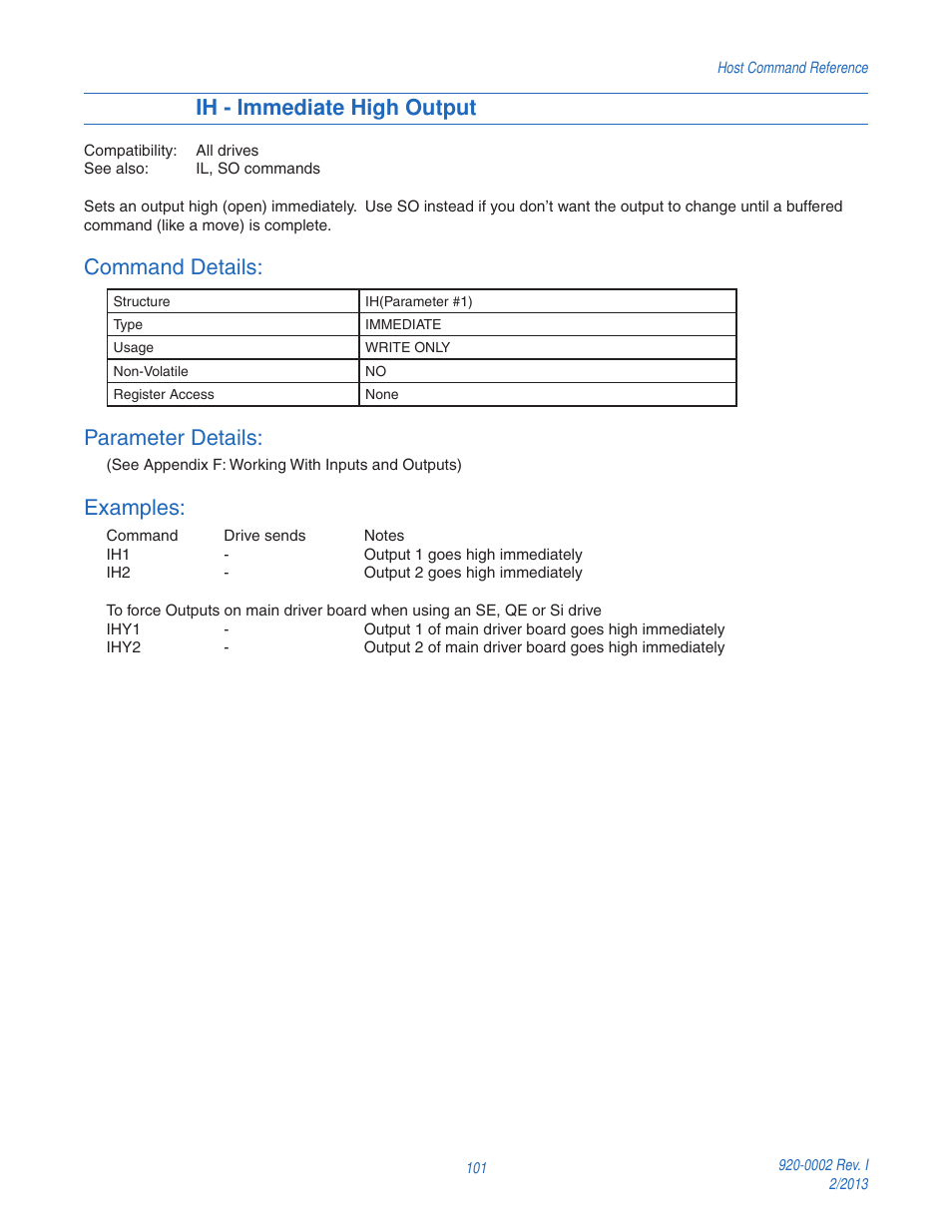 Ih - immediate high output, Command details, Parameter details | Examples | Applied Motion RS-232 User Manual | Page 101 / 320
